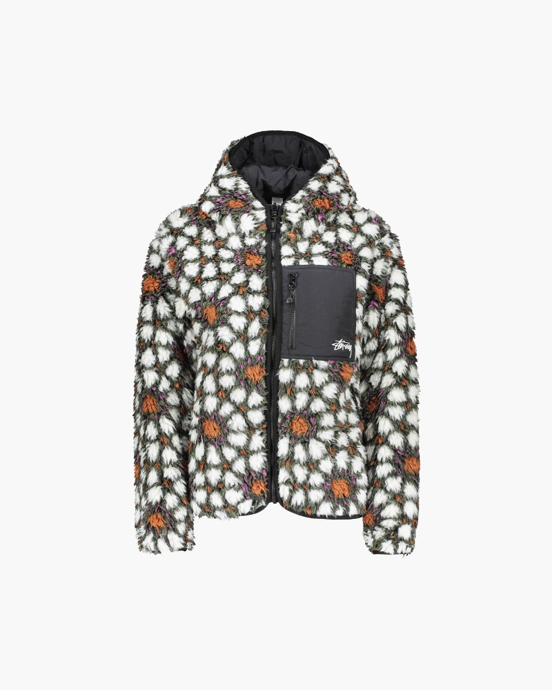Reversible sherpa fleece/nylon zip jacket.